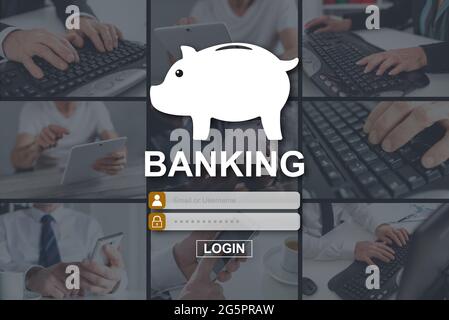 Banking concept illustrated by pictures on background Stock Photo