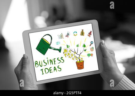 Business ideas concept shown on a tablet held by a woman Stock Photo