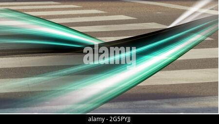 Green light trails against close up view of pedestrian crossing on the road