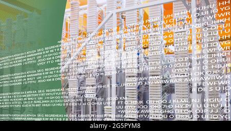 Data processing against close up of computer server against green technology background Stock Photo