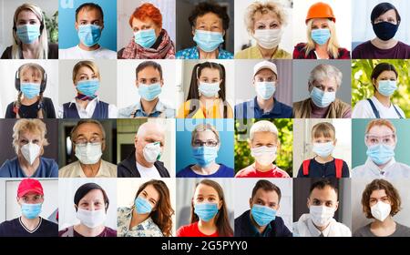 Lot of different multiracial people faces in square collage mosaic Stock Photo