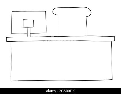 Cartoon vector illustration of office desk and computer. Black outlined and white colored. Stock Vector