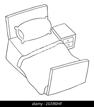 Cartoon vector illustration of bedroom and bed. Black outlined and white colored. Stock Vector