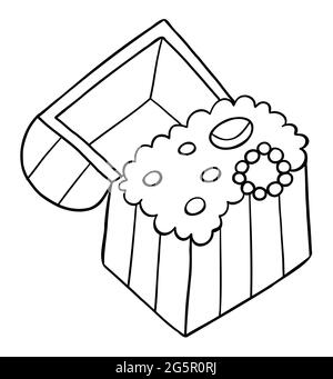 Cartoon vector illustration of treasure chest. Black outlined and white colored. Stock Vector