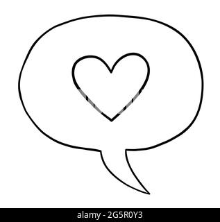Cartoon vector illustration of heart symbol inside speech bubble. Black outlined and white colored. Stock Vector
