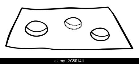 Cartoon vector illustration of beggar and coins. Black outlined and white colored. Stock Vector