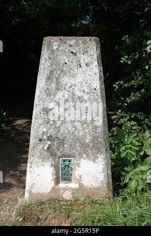 Trig Point or Triangulation Station at Beacon Country Park, Lancashire, UK, Stock Photo