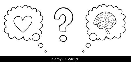 Cartoon vector illustration of heart and brain in a thought bubble, indecisive between the two. Black outlined and white colored. Stock Vector