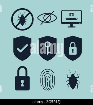 nine cyber security icons Stock Vector