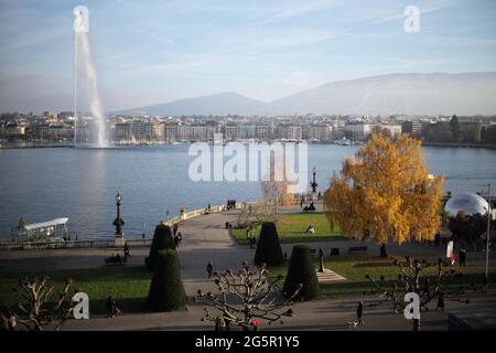 View of Jet d’eau from Hotel d’Angleterre, Geneva, Switzerland Stock Photo