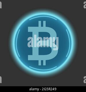 Blue glowing bitcoin button on a dark background. 3D rendering. Blockchain technology, digital currency of the future. Vector illustration. Stock Vector