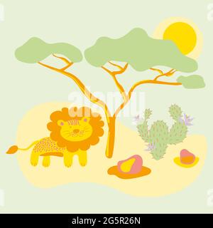 A lion stands under a tree among the hot African savannah. Animals and nature in cartoon flat style. Colorful vector illustration. Design for children Stock Vector