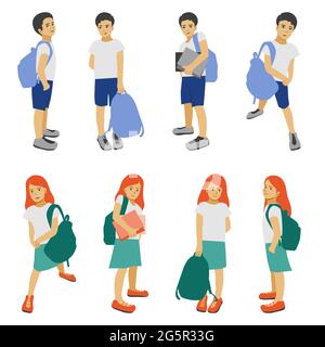 Back to school, children with schoolbags, schollboy kids isolated, pupils boys and girs in different poses with bags vector Illustration. Stock Vector
