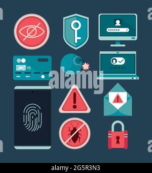 eleven cyber security icons Stock Vector