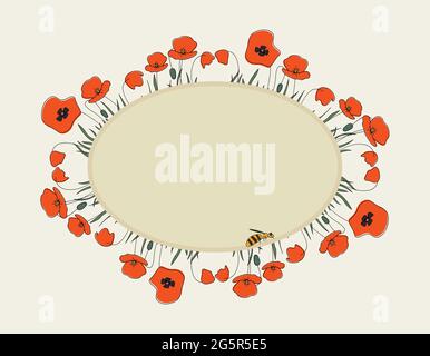 Seasonal summer hand drawn frame vector background.Botanical decorative box or border with poppies, cute bee and place for text.Flower backdrop Stock Vector