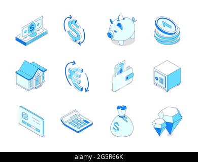 Business and finance - modern isometric icons set. Financial management, investments idea. Banknotes, dollar and euro sign, piggy bank, coins, wallet, Stock Vector