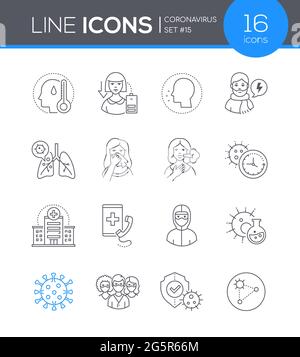Coronavirus disease symptoms and prevention - line design style icons. Fever, dry cough, tiredness, virus, runny nose, sore throat, difficulty breathi Stock Vector