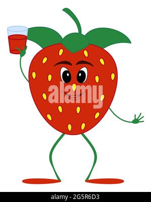 Cartoon strawberry character with glass of juice isolated on white. Cute red vegetable mascot. Vector illustration. Stock Vector