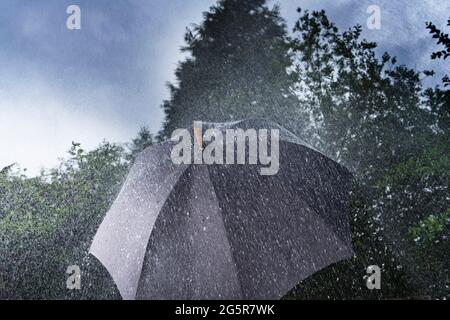 Black classic umbrella in heavy rain against a background of trees and sky, with water bouncing off umbrella surface. Stock Photo