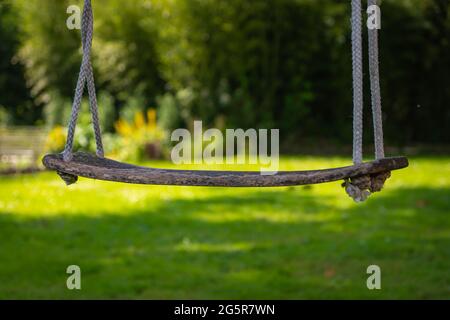 Empty wooden swing with a rope, isolated on a green summer background Stock Photo