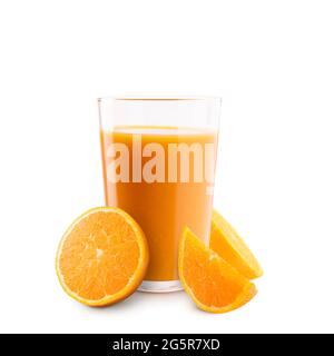 Glass of orange juice with orange slices on white background Stock Photo