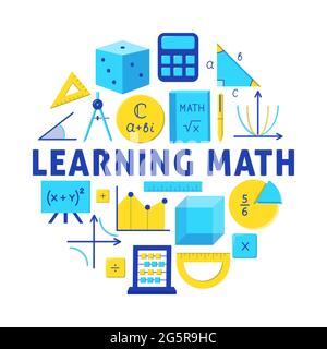 Learning math round concept banner in flat style. Vector illustration. Stock Vector