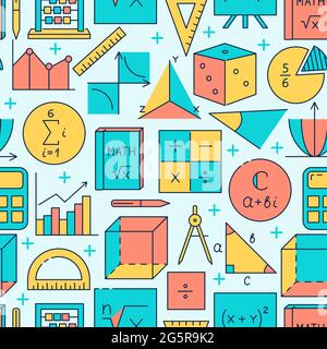 Math seamless pattern in colored line style. Vector illustration. Stock Vector