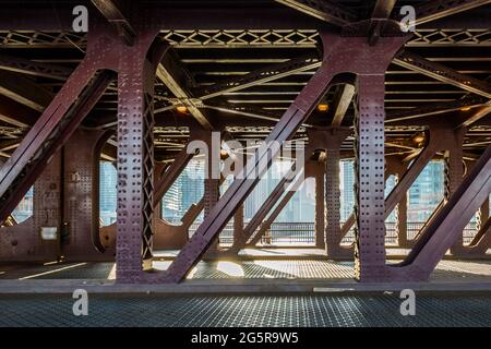 Old Steel Bridge Supports across the Chicago River under Lake Shore Drive in Chicago Stock Photo