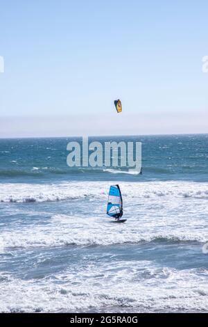 Waddell Beach, located on Highway 1 at the west entrance to Big Basin Redwoods State Park in California, is a popular spot for kite and wind surfing. Stock Photo