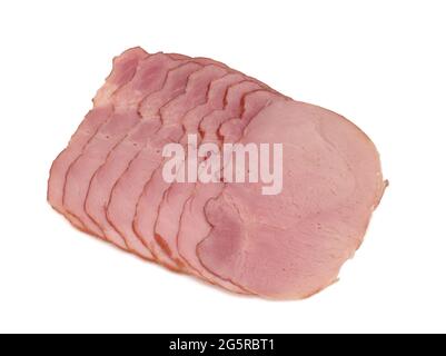 Sliced boiled ham sausage isolated on white background, top view. Stock Photo