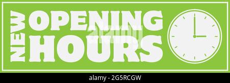 NEW OPENING HOURS sign or sticker with clock icon, vector illustration Stock Vector