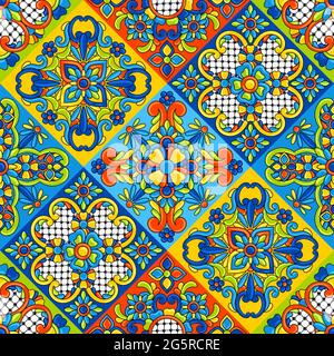 Mexican talavera ceramic tile seamless pattern. Decoration with ornamental flowers. Background with mexican talavera pattern. Decoration with Stock Vector