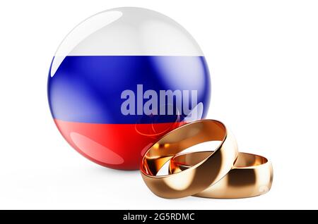 Weddings in Russia concept. Wedding rings with Russian flag. 3D rendering isolated on white background Stock Photo