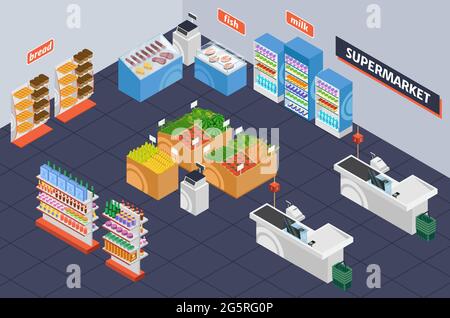 Isometric supermarket. Retail shop shelving with products. Grocery store interior with checkout desk, shelves, showcase display 3d vector layout. Fish, bread and milk departments with equipment Stock Vector