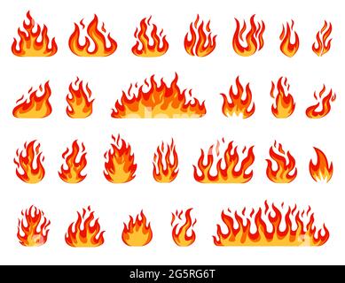 Cartoon flame. Bonfire flames, fireballs, burning candle or torch flame, blazing fire. Comic red or orange hot flaming fires effect vector set. Dangerous heat, flammable wildfire objects Stock Vector