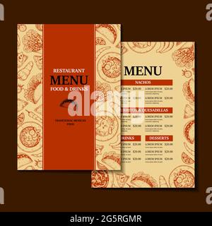 Mexican food two side vertical menu template with hand drawn elements. Vector illustration in sketch style Stock Vector