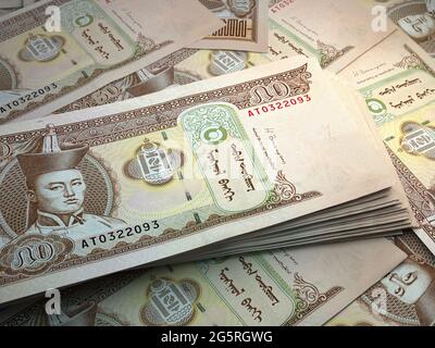 Money of Mongolia. Mongolian tugrik bills. MNT banknotes. 50 togrog. Business, finance, news background. Stock Photo