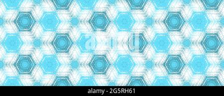 Seamless hexagon pattern, abstract cyan, teal and white textured kaleidoscope ornament. Symmetric geometric winter design with snowflakes for digital paper, textile printing, wallpaper, background. Stock Vector
