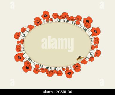 Seasonal summer hand drawn frame vector background.Botanical decorative box or border with poppies, cute bee and place for text.Flower backdrop Stock Vector