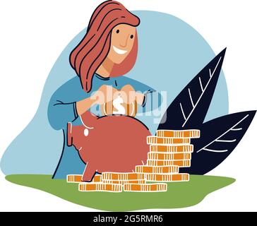 Woman saving money putting in piggy bank vector Stock Vector