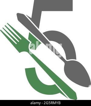 Number 5 with fork and spoon logo icon design vector illustration Stock Vector