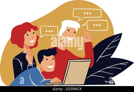 Team working on project using office laptop vector Stock Vector