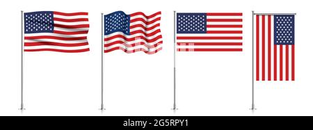 Vector set of USA flags on a metallic pole, isolated on a white background. Stock Vector