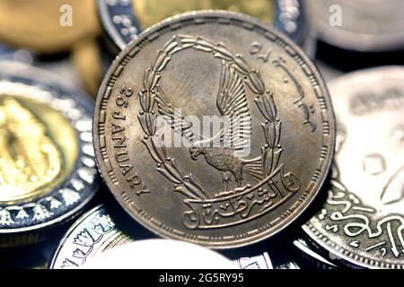 Twenty Egyptian piasters coin 1988 AD, 1408 AH, obverse side, old Egyptian money of 20 piasters coin, commemorative issue coin of Police Day Stock Photo