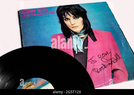 Hard rock and punk rock band, Joan Jett & the Blackhearts music album on vinyl record LP disc. Titled: I Love Rock n Roll album cover Stock Photo