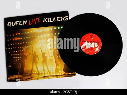 Live Killers is a double live album by the British hard rock band Queen on vinyl record lp disc. Album cover. Stock Photo