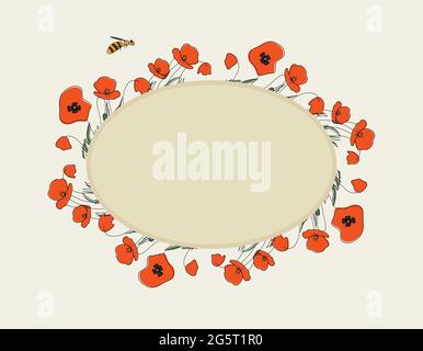 Seasonal summer hand drawn frame vector background.Botanical decorative box or border with poppies, cute bee and place for text.Flower backdrop Stock Vector