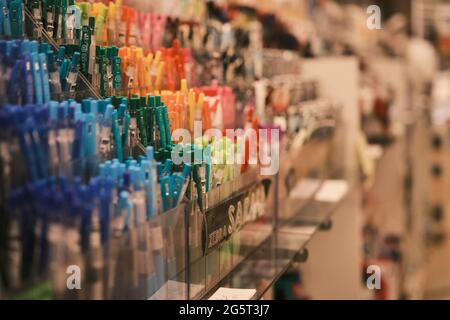 Multicolored marker pens on display at Kinokuniya Bookstore, Little Tokyo. Stock Photo