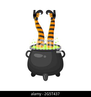Witch legs upside down in cauldron with green bubbling potion. Halloween design element isolated on white background. Vector cartoon illustration. Stock Vector