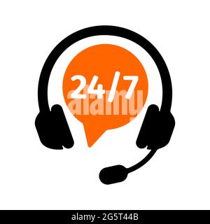 Helpline symbol with headphones and round the clock numbers isolated on white background. Costumer service icon. Call center sign. Client support concept. Vector flat illustration. Stock Vector